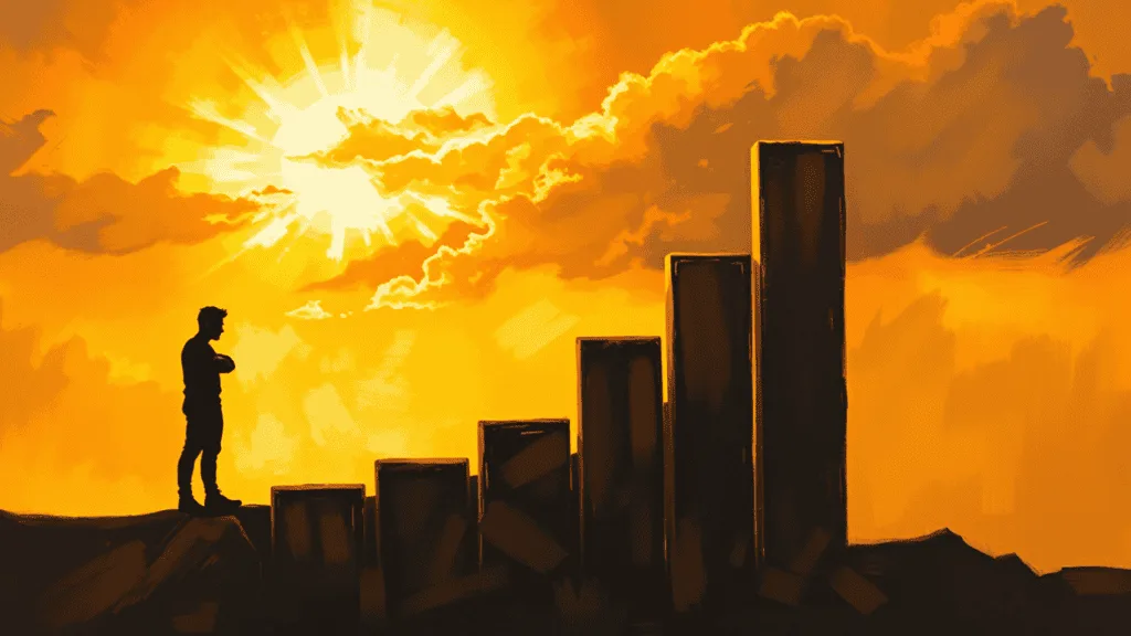 A rising bar graph with a strong man silhouette at the top, symbolizing increasing prostate cancer survival rates through early detection and healthy choices