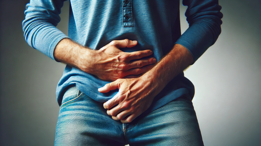 A man holding his lower abdomen in pain, symbolizing prostate discomfort and the need for health awareness