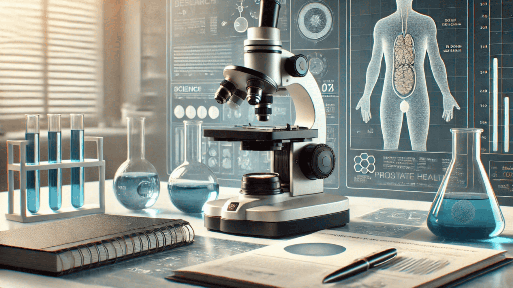 A microscope on a desk with a chart in the background, symbolizing research and discovery in prostate health