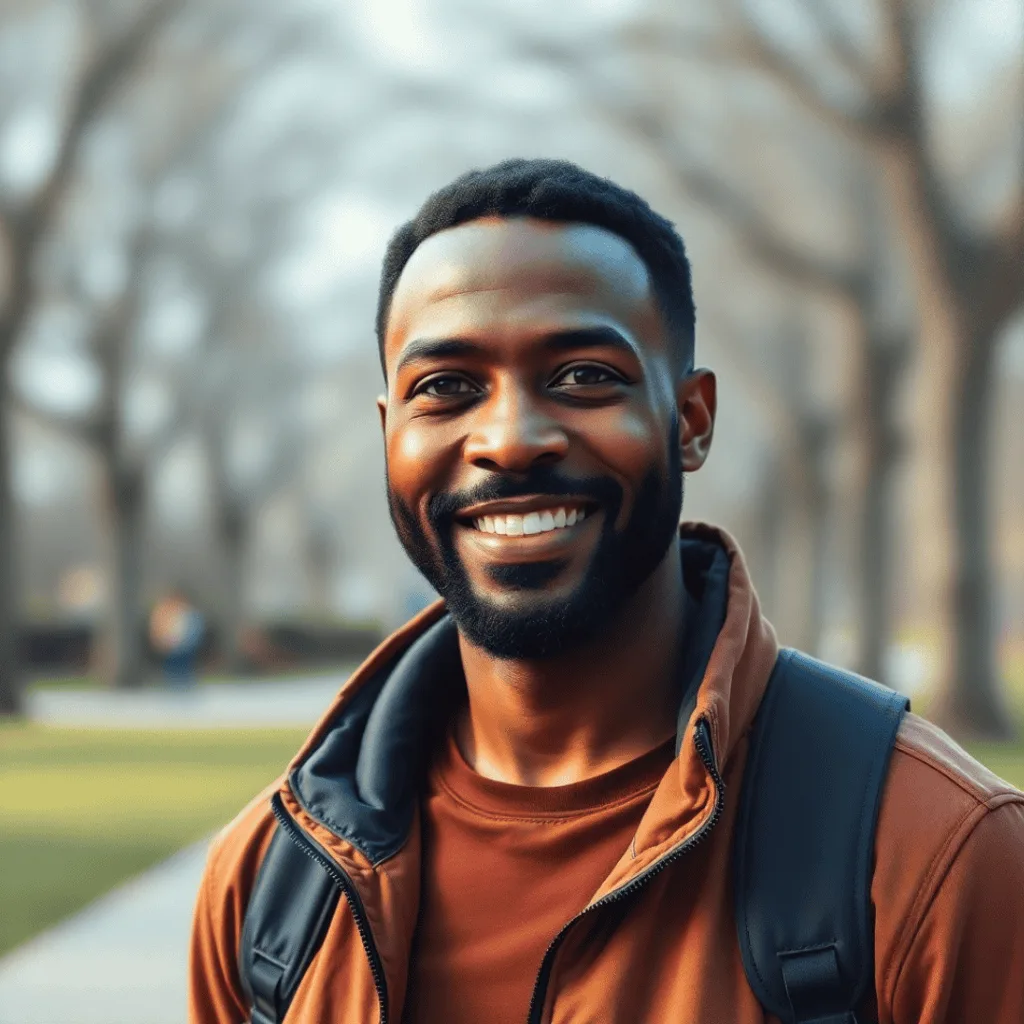 Middle-aged Black man smiling confidently outdoors, feeling empowered after learning about the Prostate Cancer Test PSA.