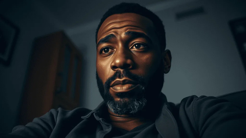 Middle-aged Black man looking thoughtful while browsing health information about the Prostate Cancer Test PSA on a laptop.