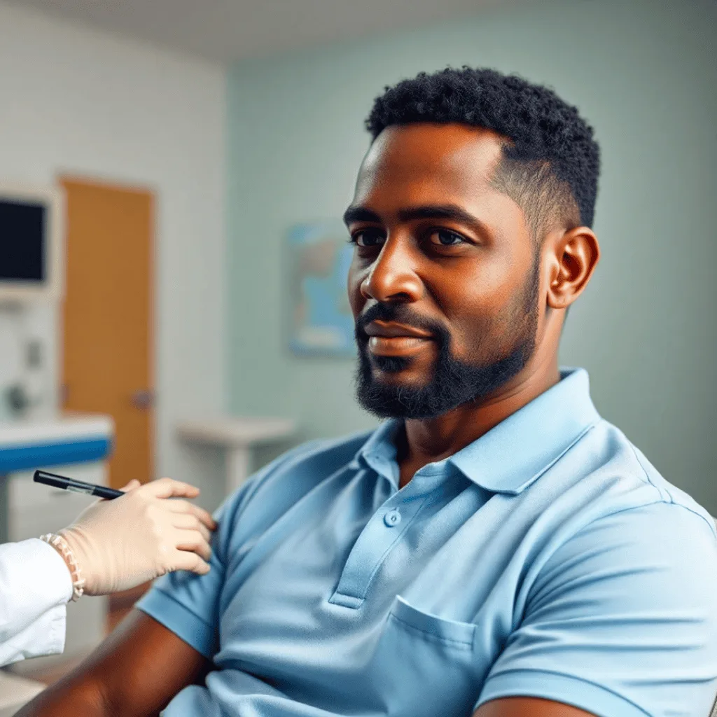 Middle-aged Black man calmly having his blood drawn for a PSA test at a medical clinic.