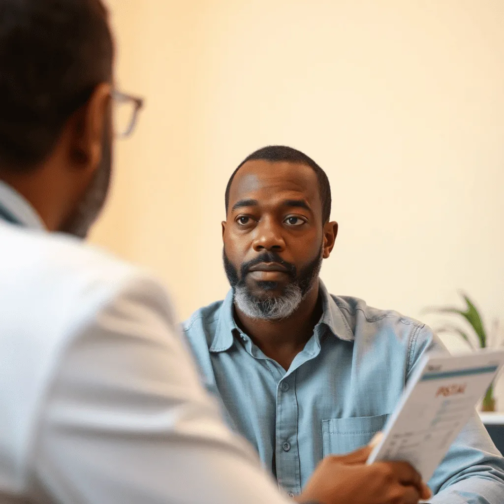 A doctor discussing PSA test results with a middle-aged Black man in a medical office.