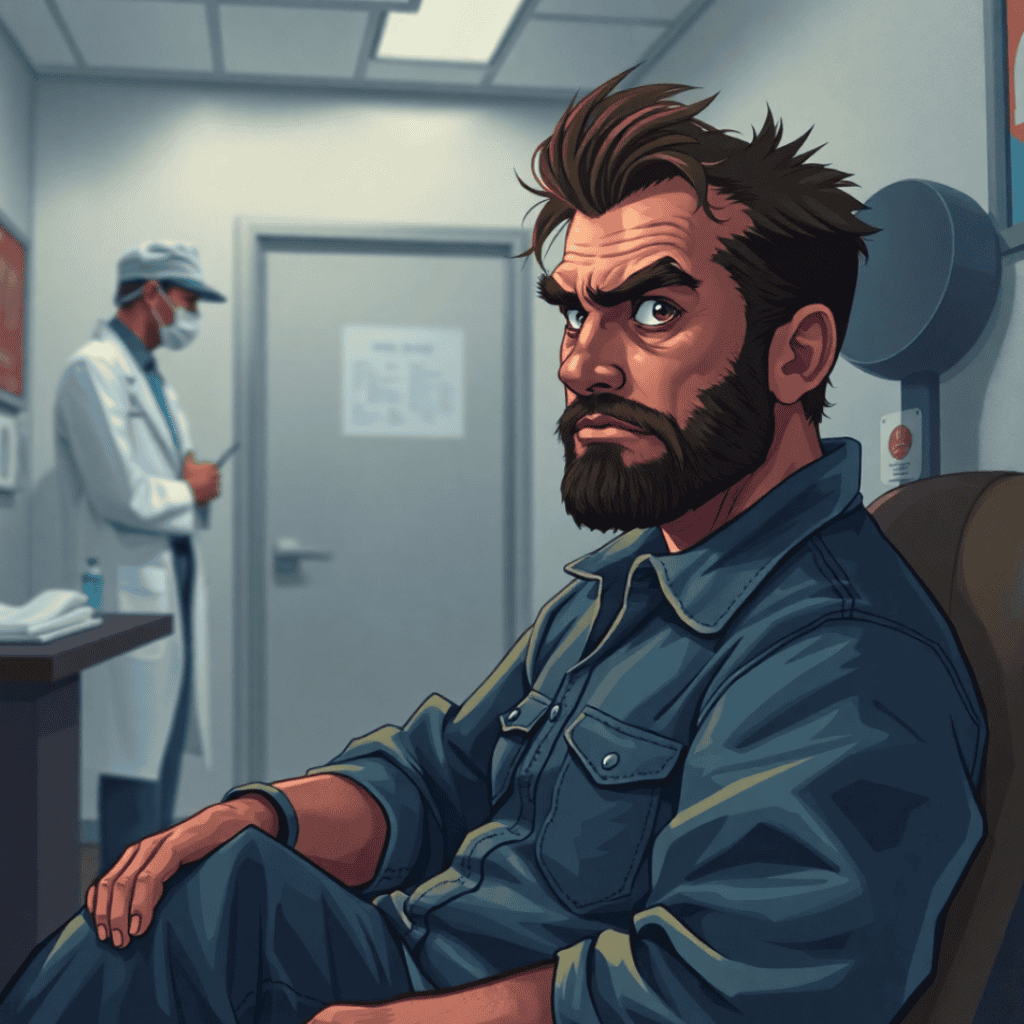 Tough mechanic looking uncomfortable in a doctor’s office, representing prostate cancer warning signs.