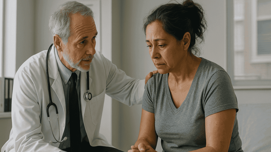 Older male doctor showing prostate health chart to a patient in a clinical office