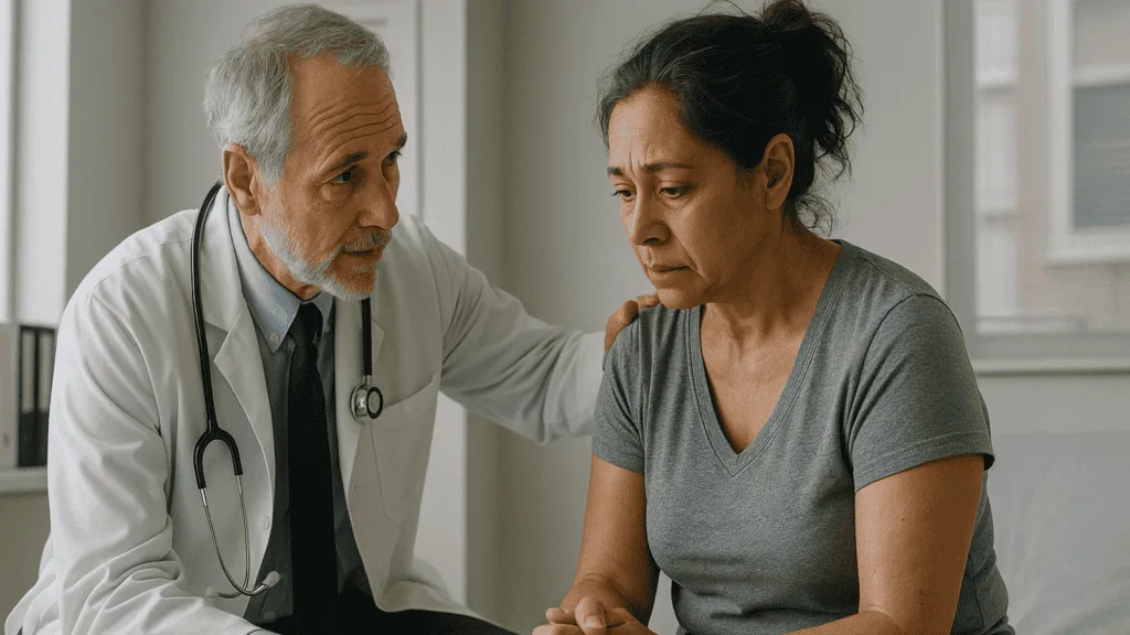 Older male doctor showing prostate health chart to a patient in a clinical office
