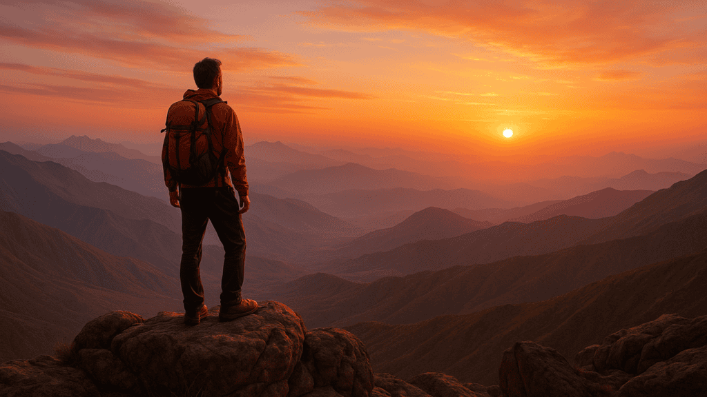 Middle-aged man climbing a rocky mountain at sunrise, symbolizing strength and the prostate health journey
