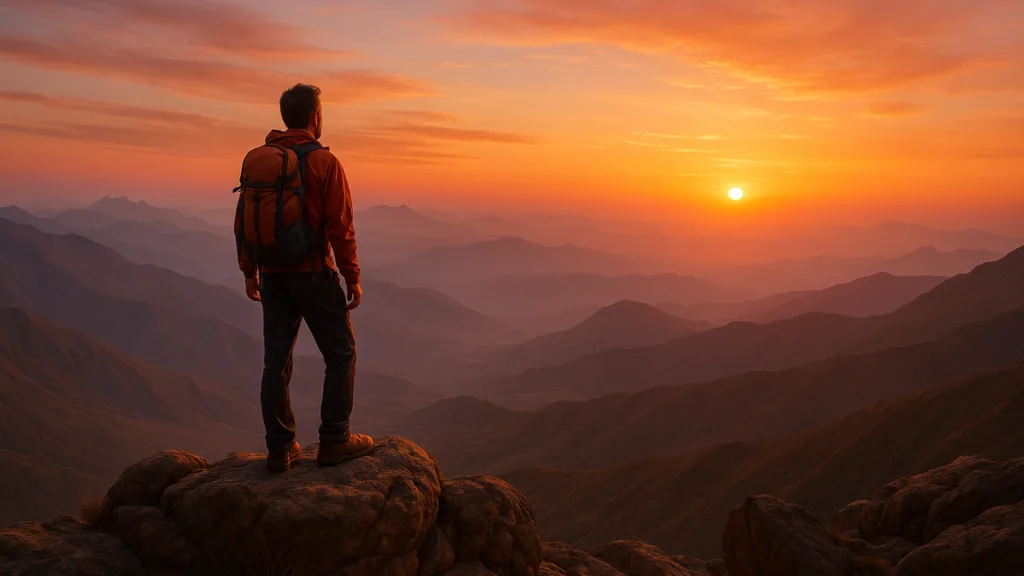 Middle-aged man climbing a rocky mountain at sunrise, symbolizing strength and the prostate health journey