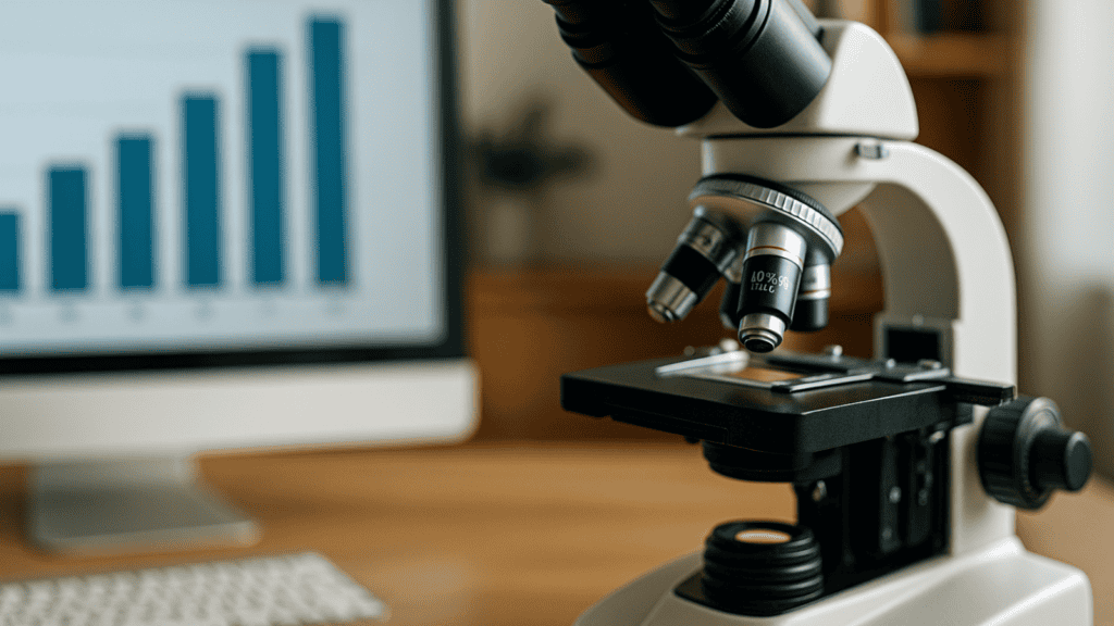 Lab technician using a microscope with prostate cancer data chart in the background