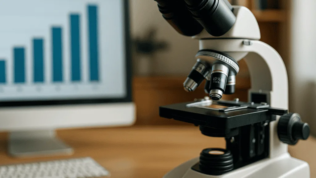 Lab technician using a microscope with prostate cancer data chart in the background