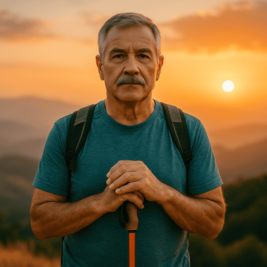 Older man reflecting with a gentle smile, symbolizing strength and support on the prostate health journey